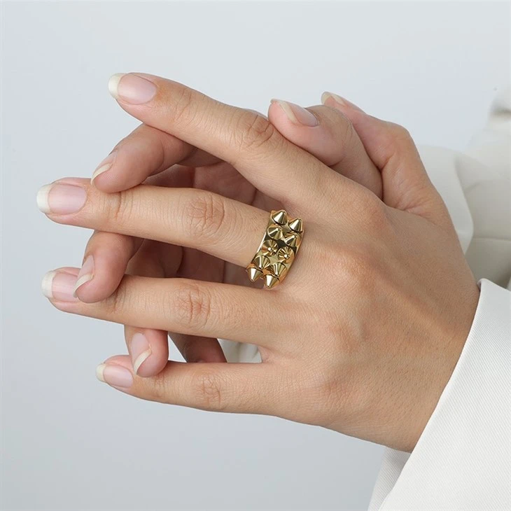 316L Stainless Steel PVD 18K Gold Wide Double Spike Ring – Wholesale & Customizable high quality 316L Stainless Steel PVD 18K Gold Wide Double Spike Ring – Wholesale & Customizable high quality