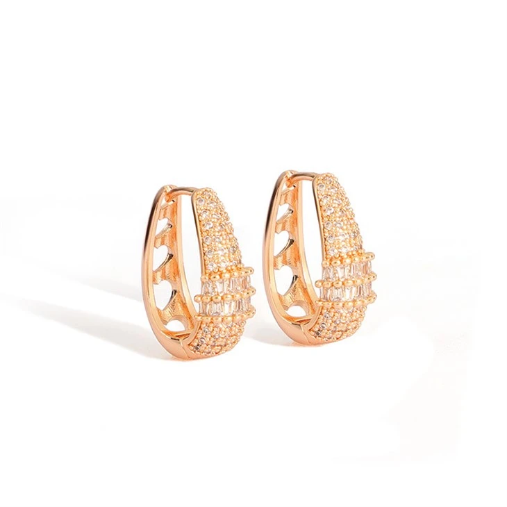 Brass PVD Rose Gold Baguette & Pave Zircon Hoop Earrings Brass PVD Rose Gold Baguette & Pave Zircon Hoop Earrings