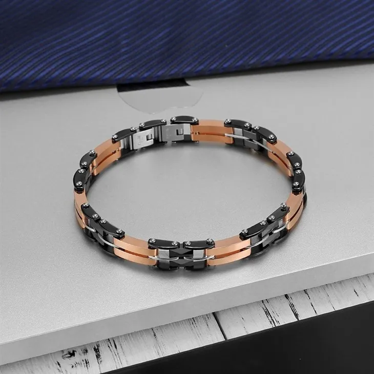 Ceramic Stainless Steel Link Bracelet With Rose Gold Inlays For Men suppliers