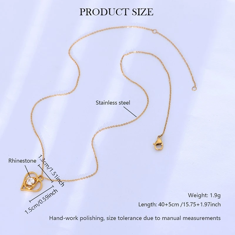 Stainless Steel Gold Heart Zircon Pendant Necklace size detail Stainless Steel Gold Heart Zircon Pendant Necklace size detail