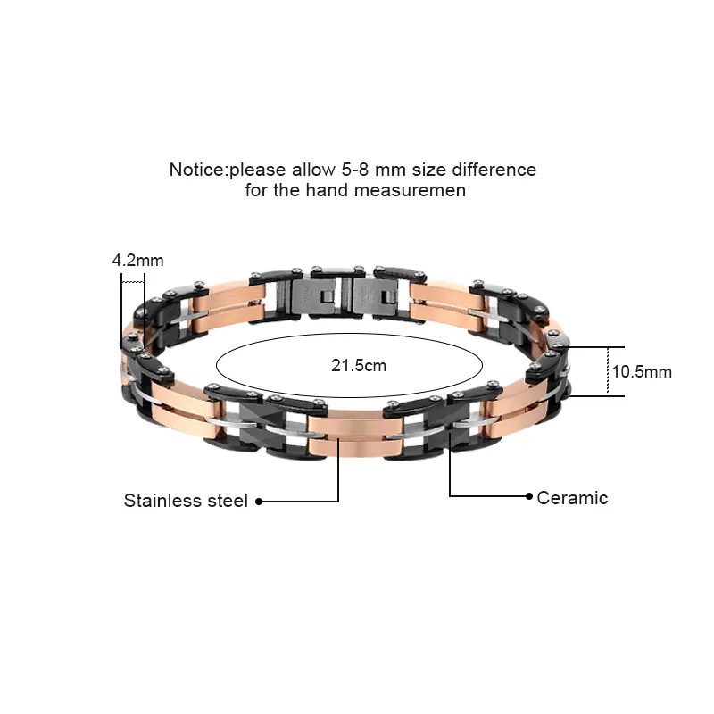 Ceramic Stainless Steel Link Bracelet with Rose Gold Inlays for Men size detail Ceramic Stainless Steel Link Bracelet with Rose Gold Inlays for Men size detail
