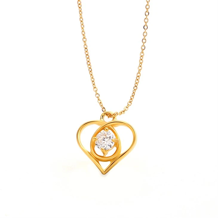 Stainless Steel Gold Heart Zircon Pendant Necklace